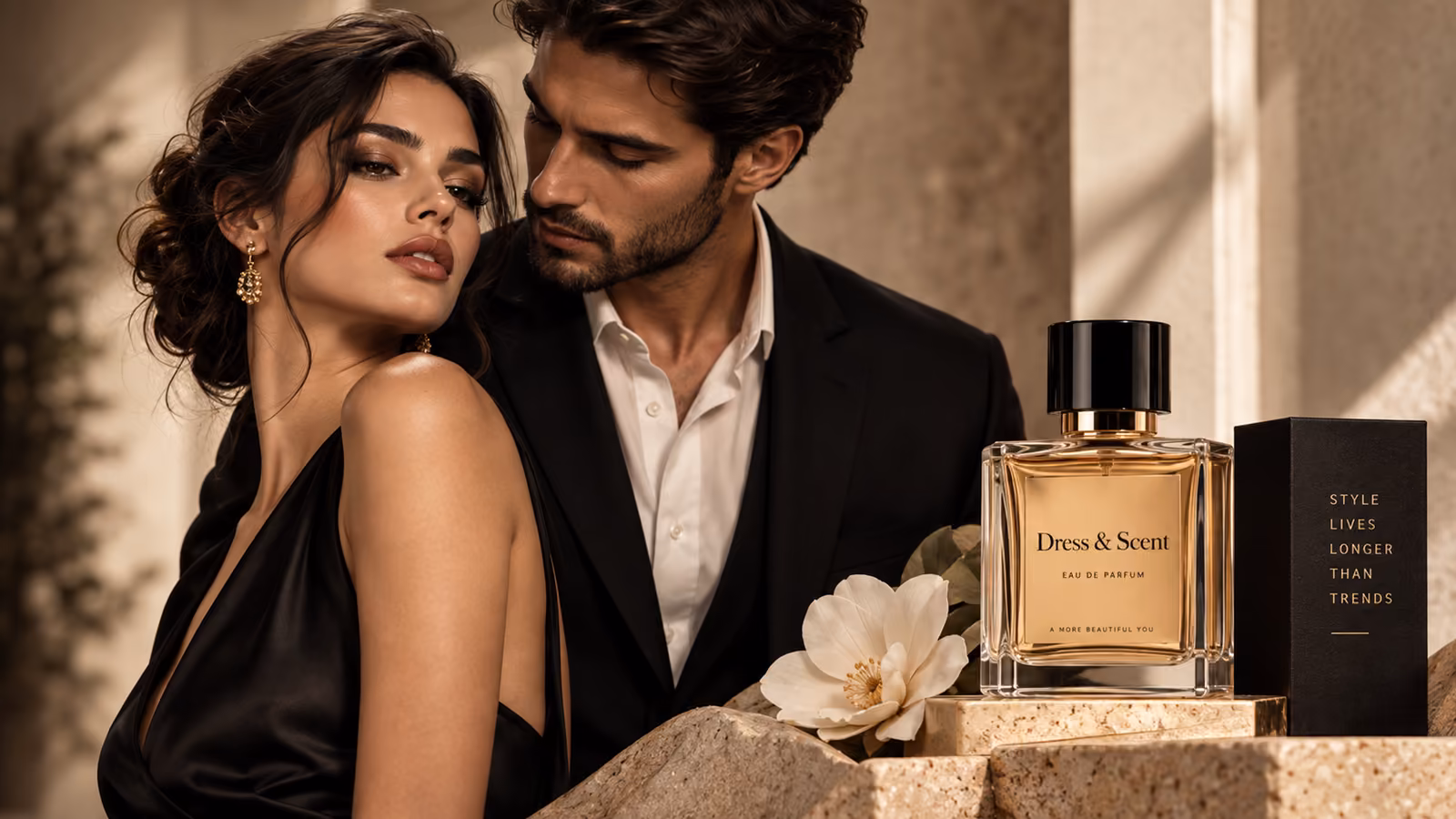 An elegant couple beside the Dress & Scent eau de parfum in warm light