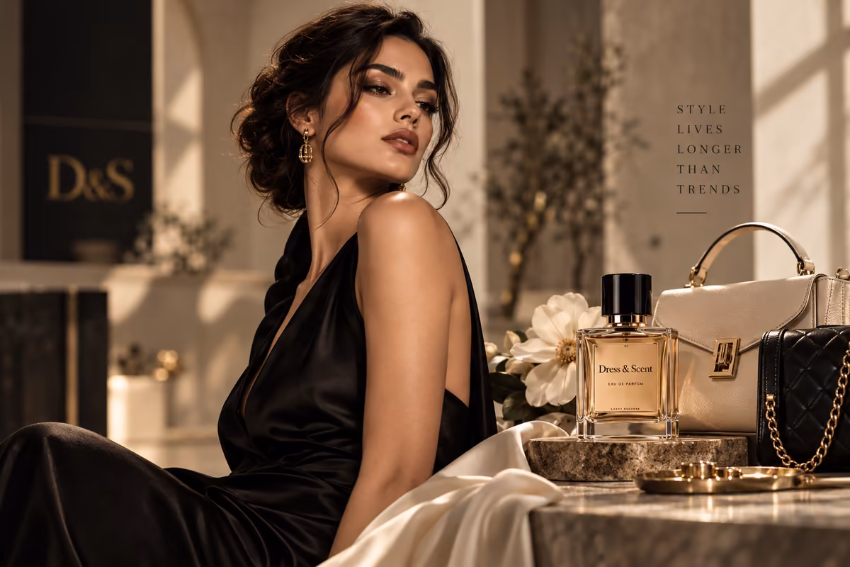 A model in warm golden light inside the Dress & Scent boutique